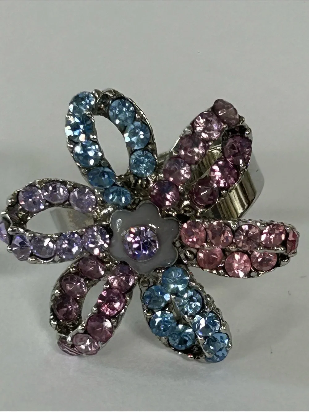 Pink and blue stone sterling silver adjustable ring